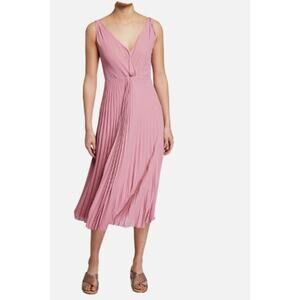 Vince 4 Midi Shift Dress Pink Pleated Accordion Twisted Front V Neck Sleeveless